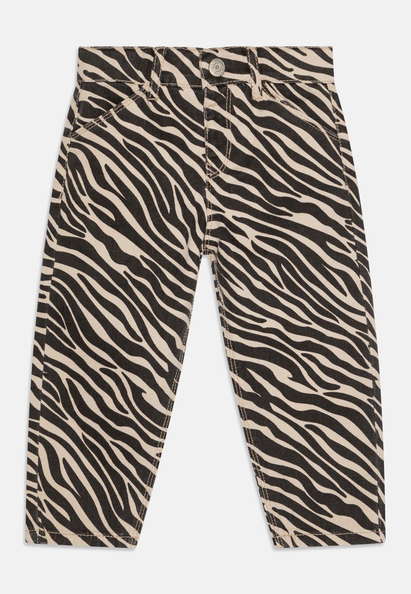 Zebra-patterned denim pants in beige and black. Features classic five-pocket design and metal button closure at waist.