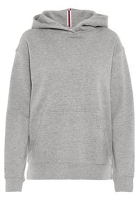 Sudadera con capucha gris, fabricada en una suave mezcla de algodón, con bolsillo frontal, puños acanalados, mangas cortas y una franja vertical roja y blanca en la capucha.