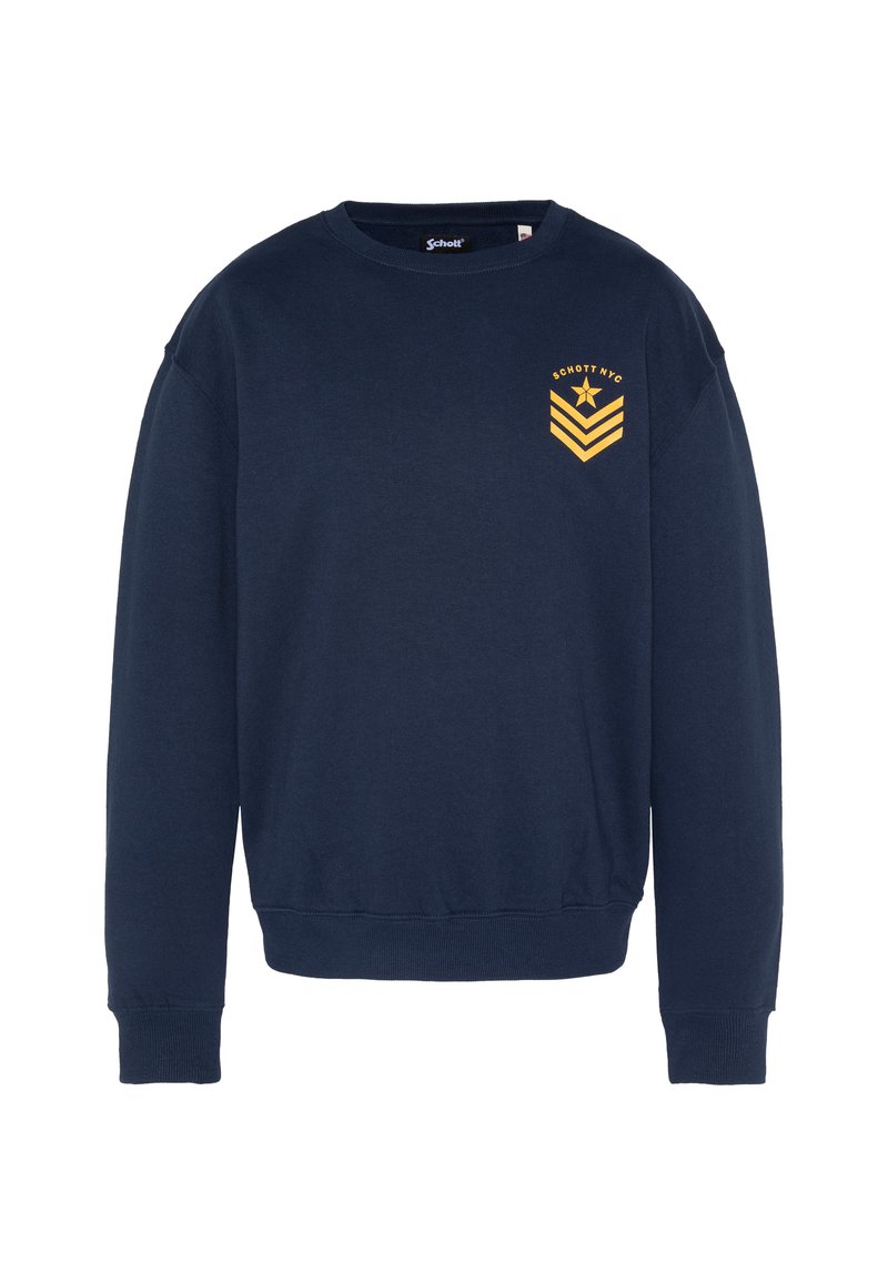 Granatowa bluza bawełniana z prążkowanym kołnierzem i mankietami. Na lewej stronie klatki piersiowej znajduje się żółte graficzne logo.