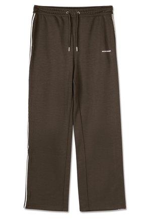 Pantalon de survêtement marron avec une taille élastique, un cordon de serrage et des bandes blanches sur les côtés. Présente un logo sur le côté avant gauche. Texture lisse.
