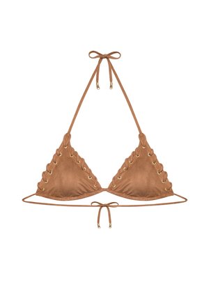 Top de bikini triunghiular din piele întoarsă maro, cu detalii șiretate cu capse aurii și curelușe subțiri de legat la gât și la spate.