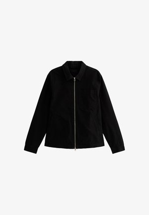 Zwarte jacket met ritssluiting, kraag, lange mouwen, enkele borstzak en rechte zoom. Gemaakt van duurzame stof.