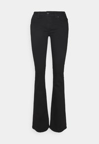Jean noir évasé en denim. Comprend une taille ajustée avec fermeture à bouton, des poches avant et un design à jambe évasée. Texture lisse.