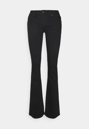 Jean noir évasé en denim. Comprend une taille ajustée avec fermeture à bouton, des poches avant et un design à jambe évasée. Texture lisse.