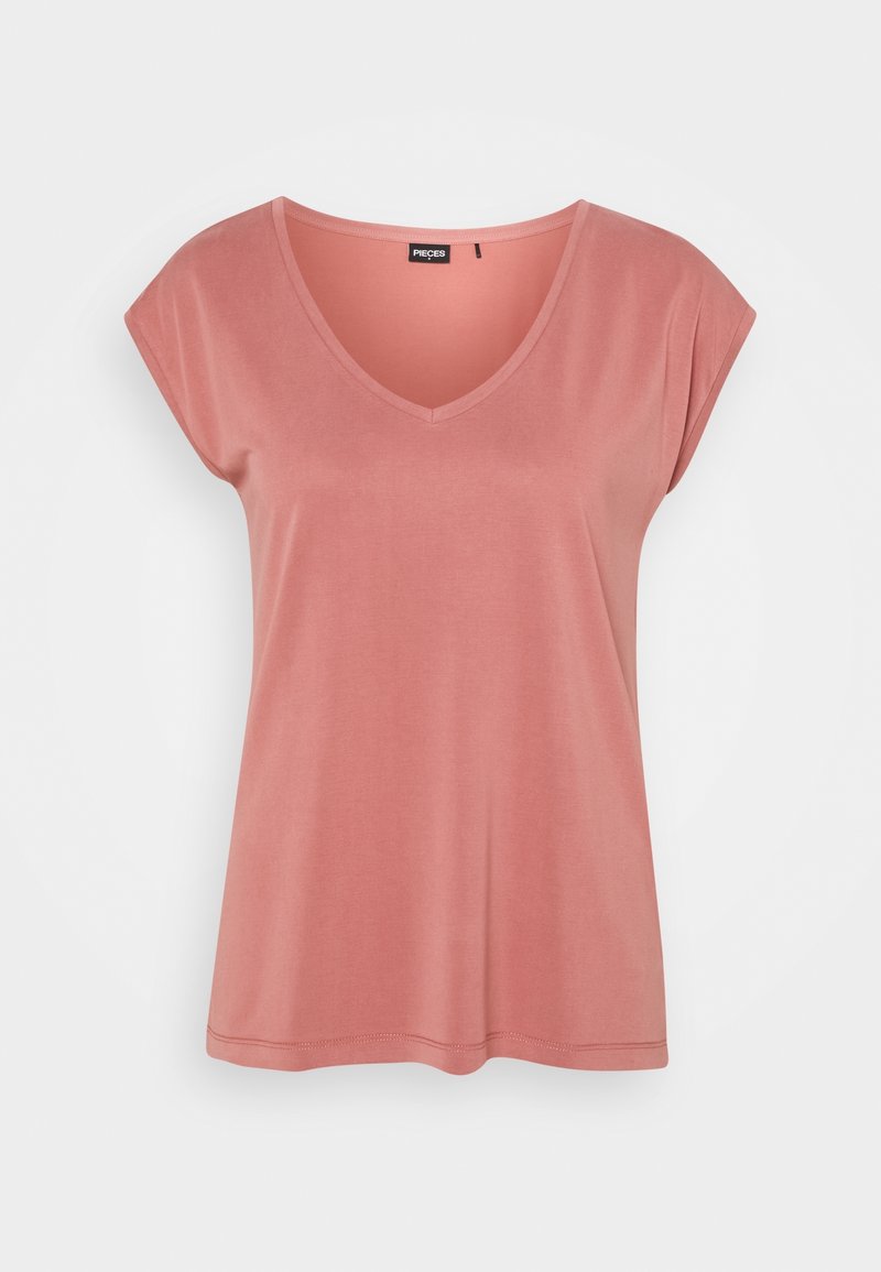 T-shirt à col en V, à manches courtes, en tissu rose doux. Coupe décontractée avec une texture lisse et un design simple. Pas de motifs ni d'accents.