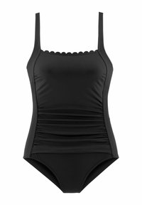 Maillot de bain noir avec des bretelles spaghetti, un décolleté festonné, des côtés froncés et une texture lisse, conçu pour une silhouette ajustée.
