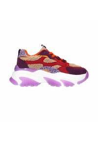 Chunky sneakers featuring a mix of red, purple, and orange materials, with textured accents and a white-purple sole design.