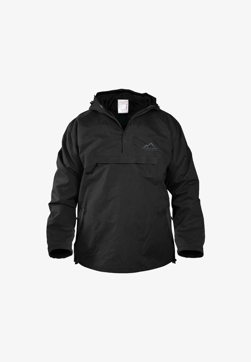 Schwarze Windjacke mit halblanger Reißverschluss-Design, verstellbaren Bündchen, einer Fronttasche und einem Berg-Logo. Glattes, wasserdichtes Material.