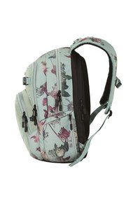 Backpack in light green with floral pattern. Features multiple zippered compartments, padded straps, and a black interior lining.