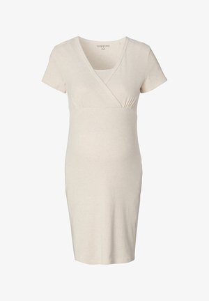 Beige zwangerschapsjurk gemaakt van zachte, rekbare stof. Heeft een V-hals, korte mouwen en geplooide details onder de buste. Knie-lengte.