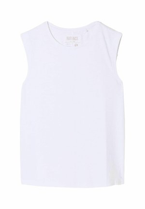 Valge puuvillane varrukateta top ümar kaelusega ja väikese tagumise nööbi detailiga, millel on silt "FatFace" bränd.