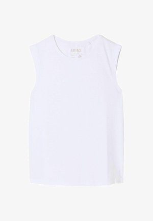 Weißes ärmelloses Baumwolltop mit Rundhalsausschnitt und kleinem Knopfdetail auf der Rückseite, mit dem Aufdruck "FatFace".