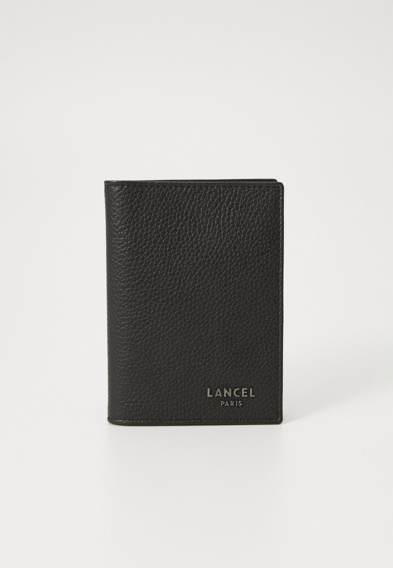 Black leather wallet with a textured surface, featuring a vertical design and embossed "LANCEL PARIS" logo at the bottom front.