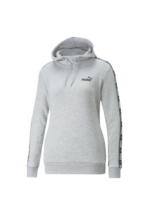 Lichtgrijze Puma hoodie met trekkoord in de capuchon, geribde manchetten en zoom, en zwart merkband op beide mouwen.