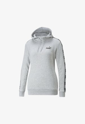 Sweat à capuche gris clair Puma avec cordon de serrage à la capuche, poignets et ourlet côtelés, et bande noire à logo courant sur les deux manches.