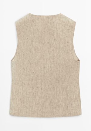 Ærmeløs beige vest af linned med lige ryg, let tekstur og en enkel, kravefri udskæring.