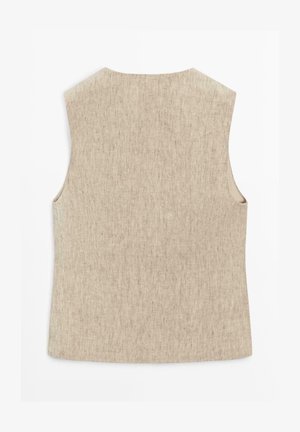 Ærmeløs beige vest af linned med lige ryg, let tekstur og en enkel, kravefri udskæring.