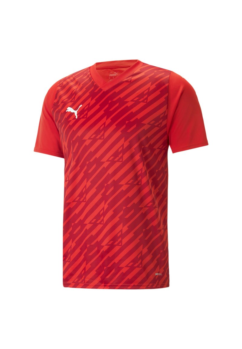 Rotes Sport-T-Shirt mit V-Ausschnitt, kurzen Ärmeln und einem dynamischen diagonalen Streifenmuster in verschiedenen Rottönen. Weißes Logo auf der Brust.