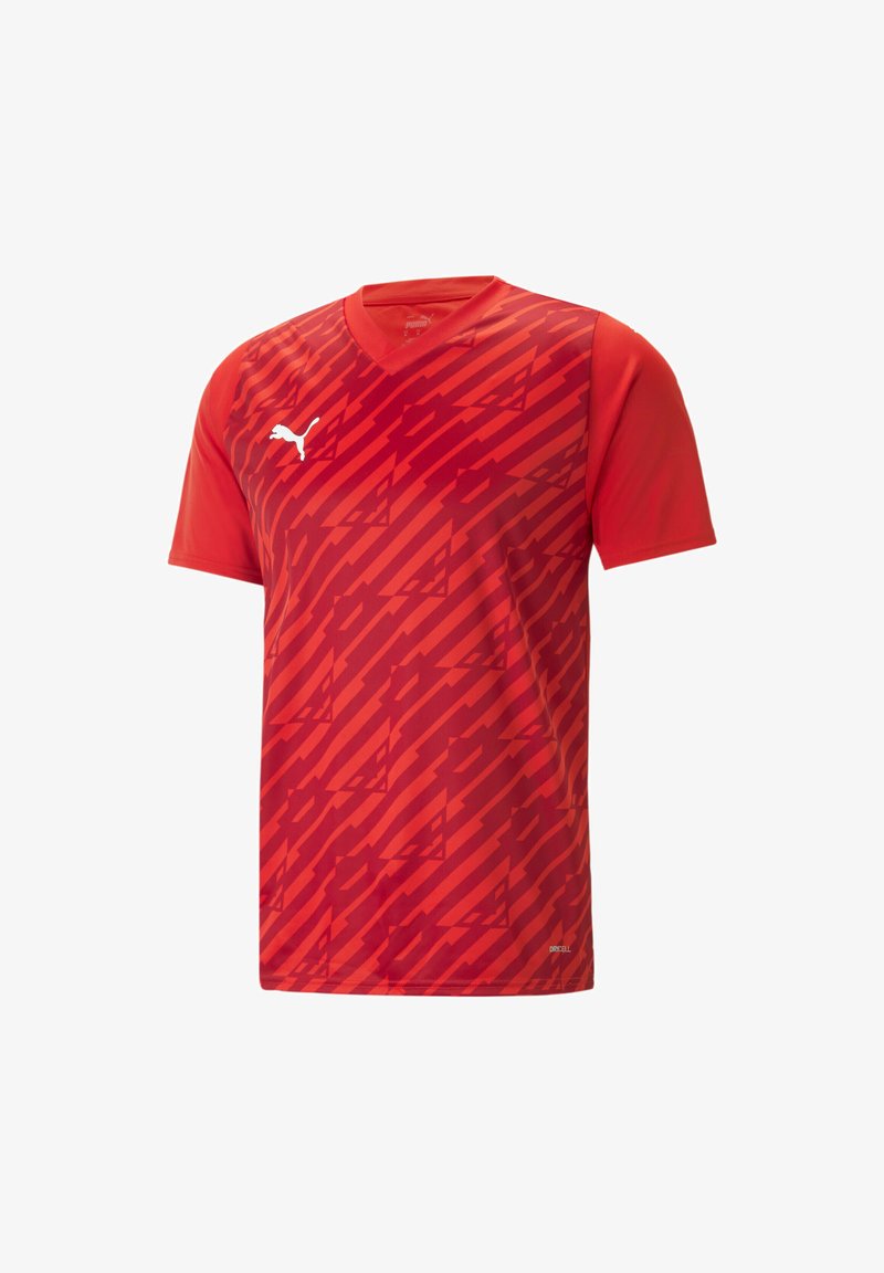 Tricou sportiv roșu cu guler în V, mâneci scurte și un model din dungi diagonale dinamice în nuanțe variate de roșu. Logo alb pe piept.