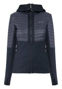 Giacca imbottita blu navy con cappuccio, dotata di zip frontale, pannelli spalla testurizzati, tasche laterali e polsini elastici per un design aderente.