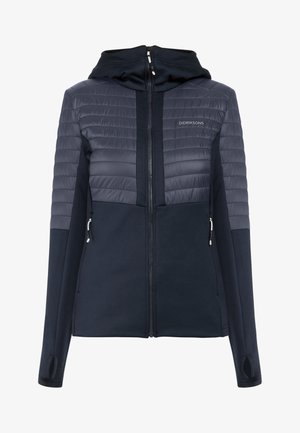 Padded navy striukė su kapišonu, turinti užtrauktuką priekyje, tekstūruotus pečių skydus, šonines kišenes ir elastines rankoves, užtikrinančias prigludusį dizainą.