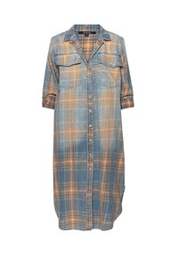 Blå och orange rutigt skjortklänning med knappfram, bröstfickor och trekvartsärmar. Gjord av denimmaterial, med en avslappnad passform.