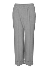 Pantalon gris clair à jambes droites avec taille élastique et ourlets retroussés, avec plis devant et poches latérales.