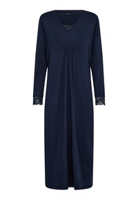 Mørkeblå natkjole med lange ærmer, V-udskæring, gatheret front og blondekant ved ærmerne. Blødt stof med en afslappet pasform, knælang.