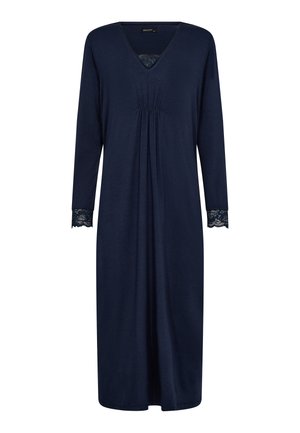 Mørkeblå natkjole med lange ærmer, V-udskæring, gatheret front og blondekant ved ærmerne. Blødt stof med en afslappet pasform, knælang.