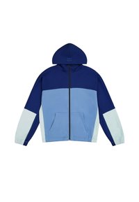 Giacca con cappuccio caratterizzata da un design a blocchi di colore in blu navy e blu chiaro. Realizzata in materiale morbido, con zip frontale e tasche laterali.