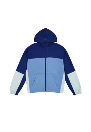 Hooded jacket met een kleurblokontwerp in marineblauw en lichtblauw. Gemaakt van zacht materiaal met een rits aan de voorkant en zijzakken.
