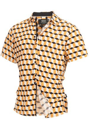Kurzärmeliges Hemd mit geometrischem Muster in Orange, Schwarz und Weiß. Verfügt über eine Knopfleiste und einen klassischen Kragen.