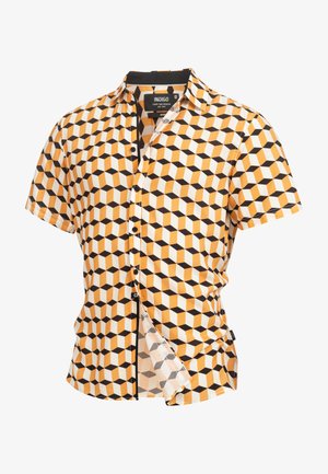 Short-sleeve shirt with a geometric pattern in orange, black, and white. Features a button-front design and a standard collar.