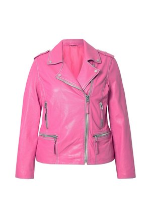 Roze leren motorjack met een asymmetrische voorkant met rits, meerdere ritszakken, drukknopen op de schouders en een gladde textuur.