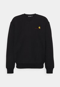 Schwarzer Sweatshirt mit Rundhalsausschnitt, ausgestattet mit einem gelb-roten gestickten Logo auf der Brust sowie gerippten Bündchen und Saum.