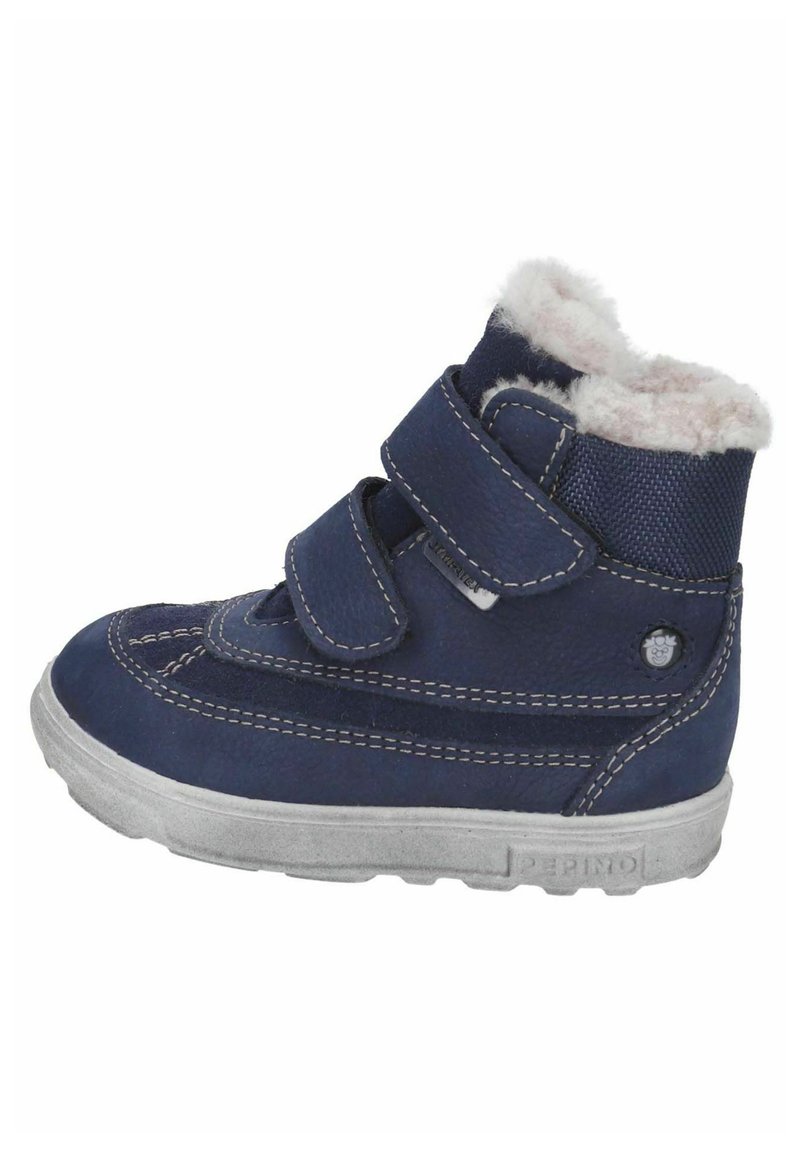Stivaletti alti blu navy con due cinturini in Velcro, morbida fodera in pelliccia sintetica e suola in gomma testurizzata. Le cuciture a contrasto aggiungono dettagli.