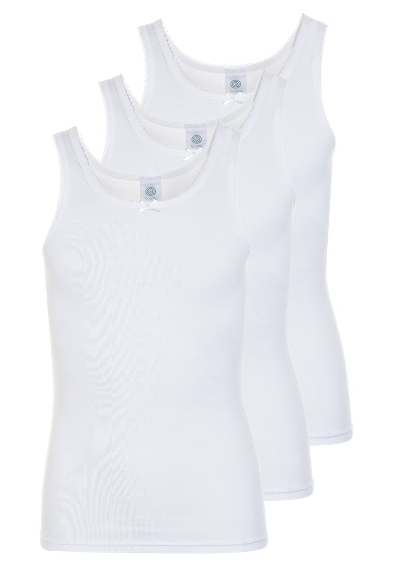 Three white tank tops made of soft cotton, featuring a round neckline, thin straps, and a small decorative bow on each top.