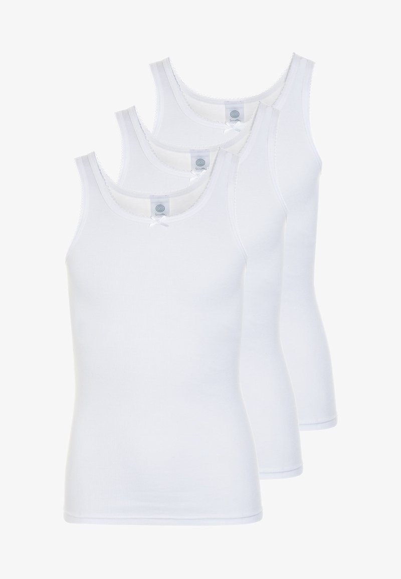 Three white tank tops made of soft cotton, featuring a round neckline, thin straps, and a small decorative bow on each top.