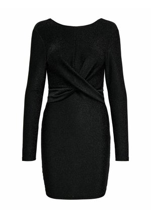 Black, long-sleeve dress made of shimmering material; features a twisted front detail and a fitted silhouette. Round neckline at the back.