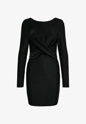 Musta, pitkähihainen mekko, valmistettu hohtavasta materiaalista; siinä on etuosassa kiertynyt yksityiskohta ja vartalonmyötäinen siluetti. Pyöreä kaula-aukko takana.