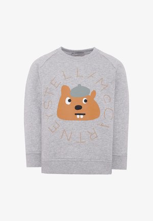 Felpa grigia con una grafica di un castoro cartoon marrone e un design testuale arancione. Presenta maniche lunghe e un collo a giro. Texture morbida.