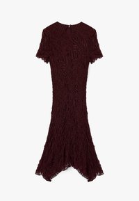 Burgundy lace dress with short sleeves, scalloped hem, and a keyhole back detail. Features intricate floral patterns and a fitted silhouette.