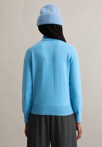 Lichtblauwe gebreide sweater met lange mouwen, geribbelde manchetten en zoom, en een klassieke kraag, gecombineerd met een bijpassende blauwe beanie.