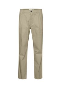Beige Chinos aus Baumwolle mit flacher Vorderseite, Seitentaschen, Gürtelschlaufen und einem Reißverschluss mit Knopfverschluss. Acid-Wash-Optik.