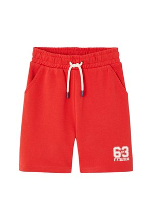 Red elastic waist shorts with white drawstring, side pockets, and white "63 Staten Island" text on the lower left leg.