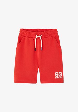 Red elastic waist shorts with white drawstring, side pockets, and white "63 Staten Island" text on the lower left leg.