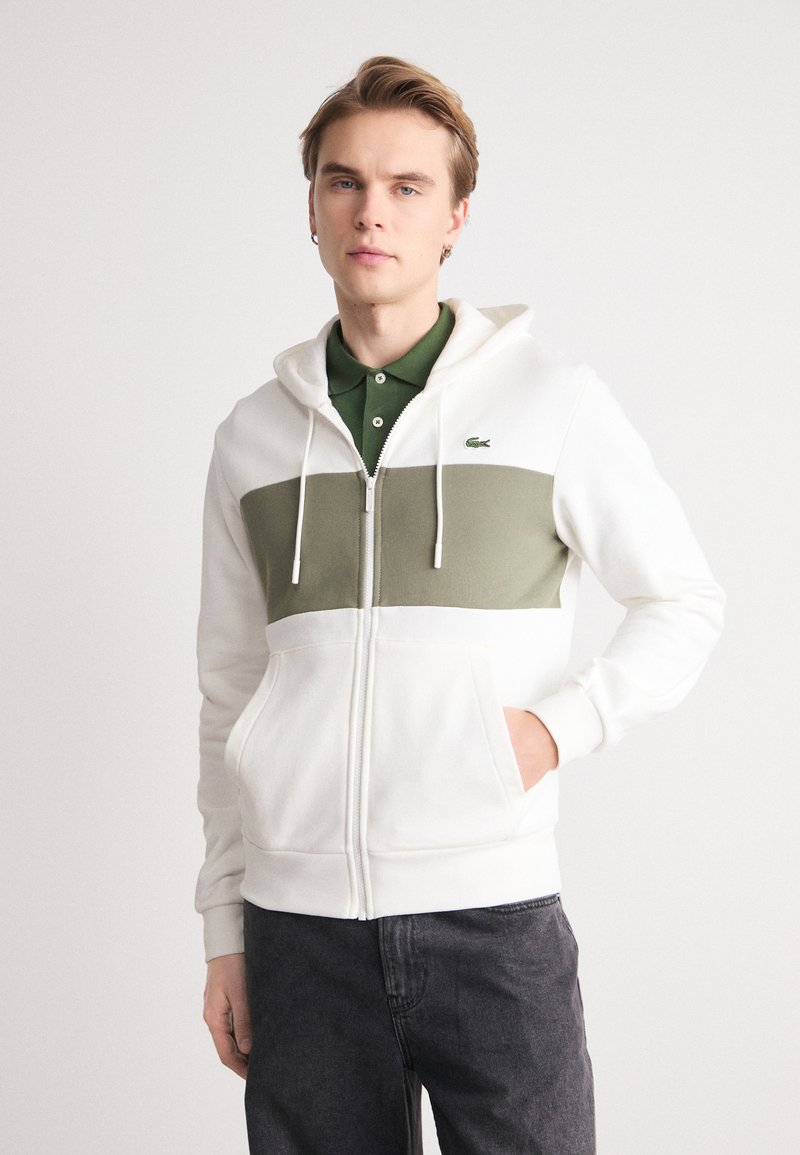 Lacoste ZIPPED COLOURBLOCK HOODIE UNISEX - Mikina so zipsom - flour/oliv