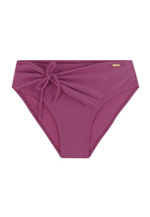 Bas de bikini taille haute mauve avec tissu texturé, détail noué sur le côté et petite étiquette de marque dorée sur la ceinture.
