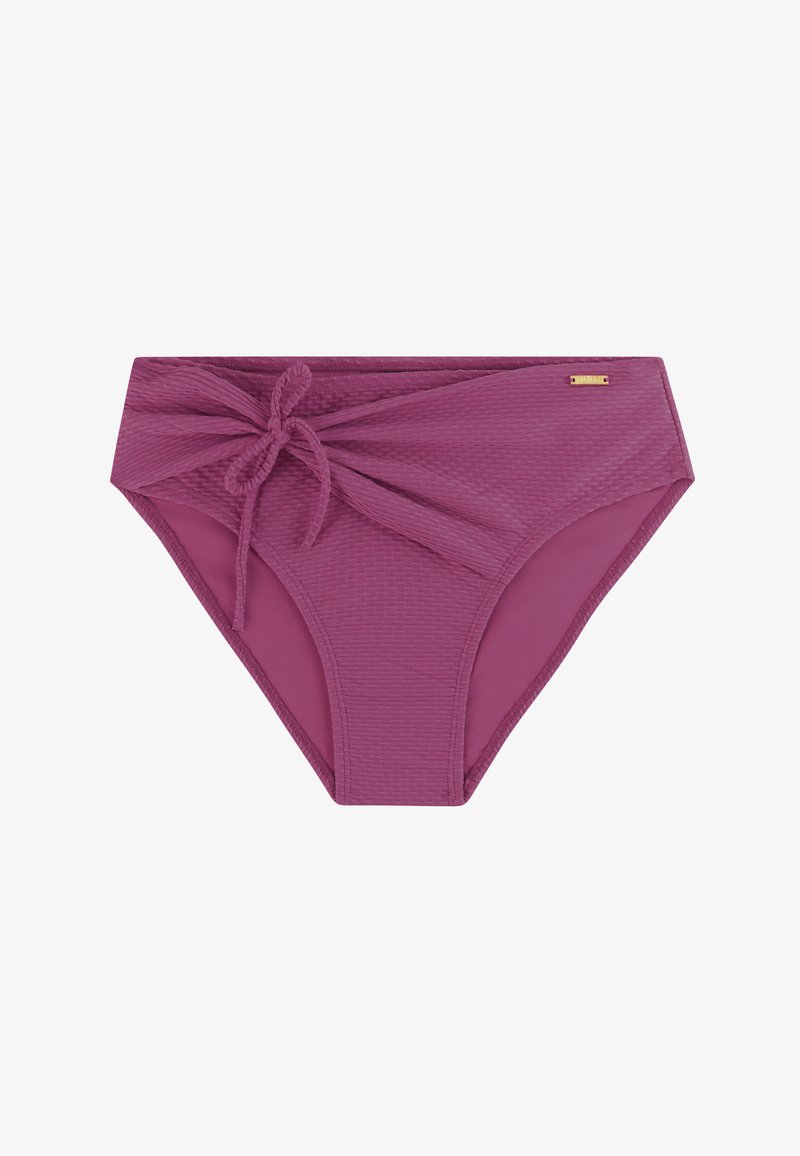 Hoog getailleerde mauve bikinibroekje met gestructureerde stof, zijstrikdetail en klein gouden merkembleem op de tailleband.