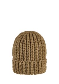 Knit beanie in a tan color with ribbed texture; features a folded cuff with prominent, thick yarn stitches throughout.